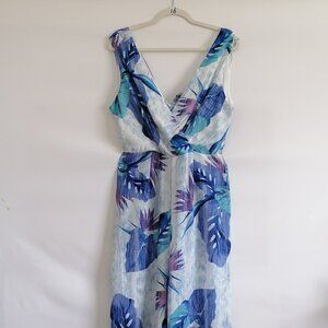 NWT Japna Womens White Blue Tropical Leaf Floral Cut Out Romper Jumpsuit Size L